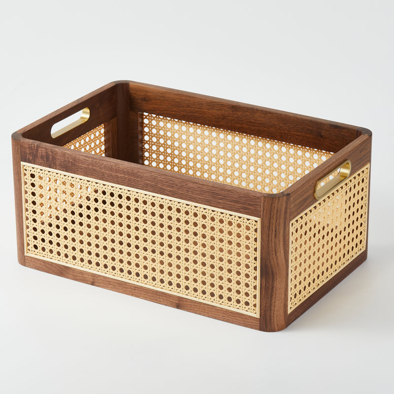 CraftsWP Elegant Handmade Brown Walnut & Rattan Storage Box - Versatile Rectangular Organizer for Home & Office