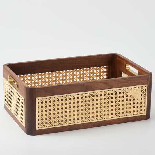 CraftsWP Elegant Handmade Brown Walnut & Rattan Storage Box - Versatile Rectangular Organizer for Home & Office