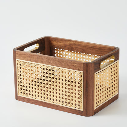 CraftsWP Elegant Handmade Brown Walnut & Rattan Storage Box - Versatile Rectangular Organizer for Home & Office