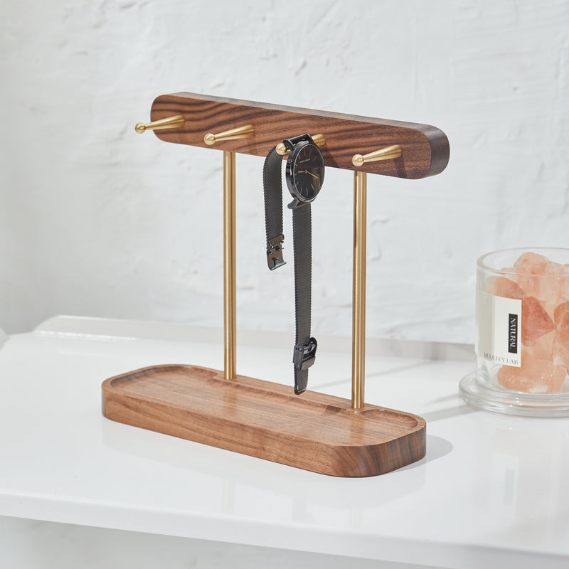 Muso Wood Key Holder & Accessory Stand - Walnut Wood Construction with Brass Rods, Tabletop Storage Multifunctional Organizer