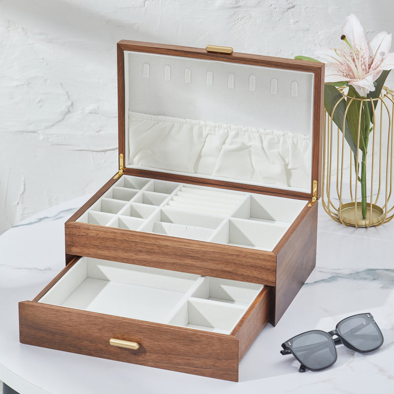 CraftsWP Walnut Multilayer Jewelry Box - Earring & Necklace Storage