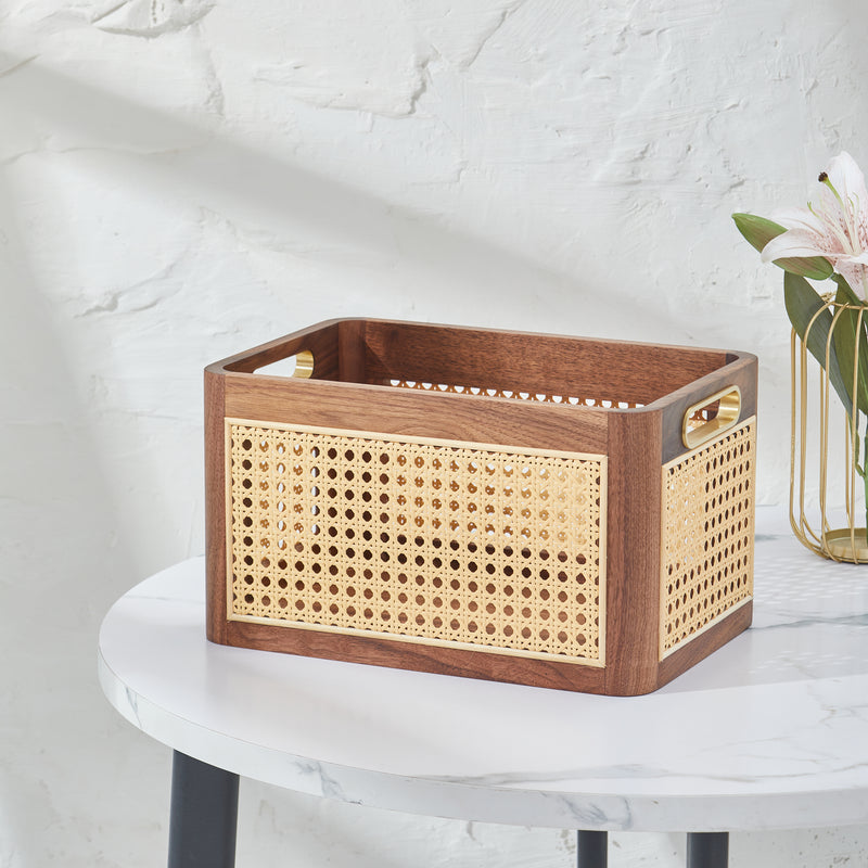 CraftsWP Elegant Handmade Brown Walnut & Rattan Storage Box - Versatile Rectangular Organizer for Home & Office