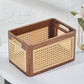 CraftsWP Elegant Handmade Brown Walnut & Rattan Storage Box - Versatile Rectangular Organizer for Home & Office