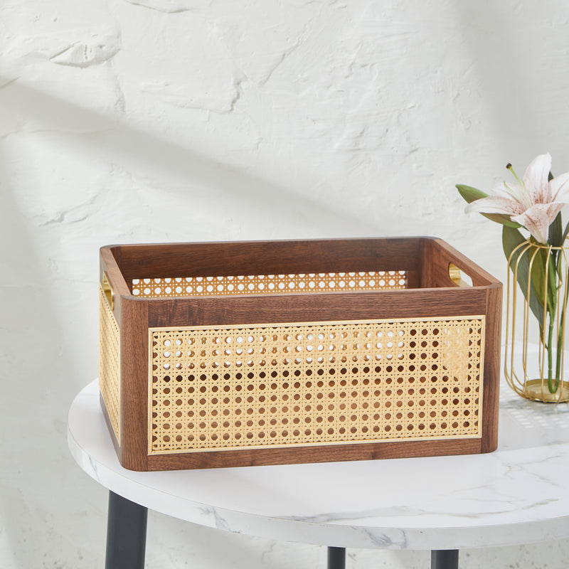 CraftsWP Elegant Handmade Brown Walnut & Rattan Storage Box - Versatile Rectangular Organizer for Home & Office